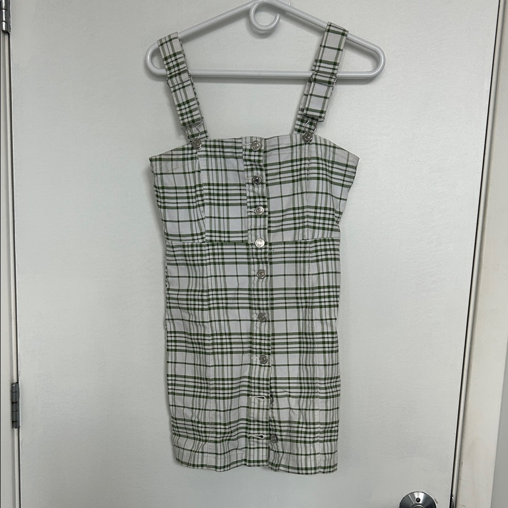 Forever 21 White and Green Plaid Button-Front Mini Dress